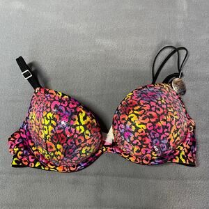 Victoria's Secret PINK Bra 34B Pink Yellow Sequin Plunge Push Up Animal Print